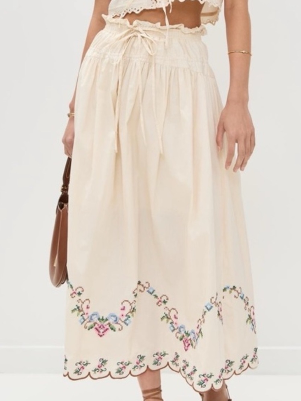 Moon River Embroidered Cross Stitch Scallop Hem Midi Skirt XS Sezane Free People